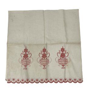 Vintage Embroidered Tea Towel Beige Pink Floral Scalloped Edge